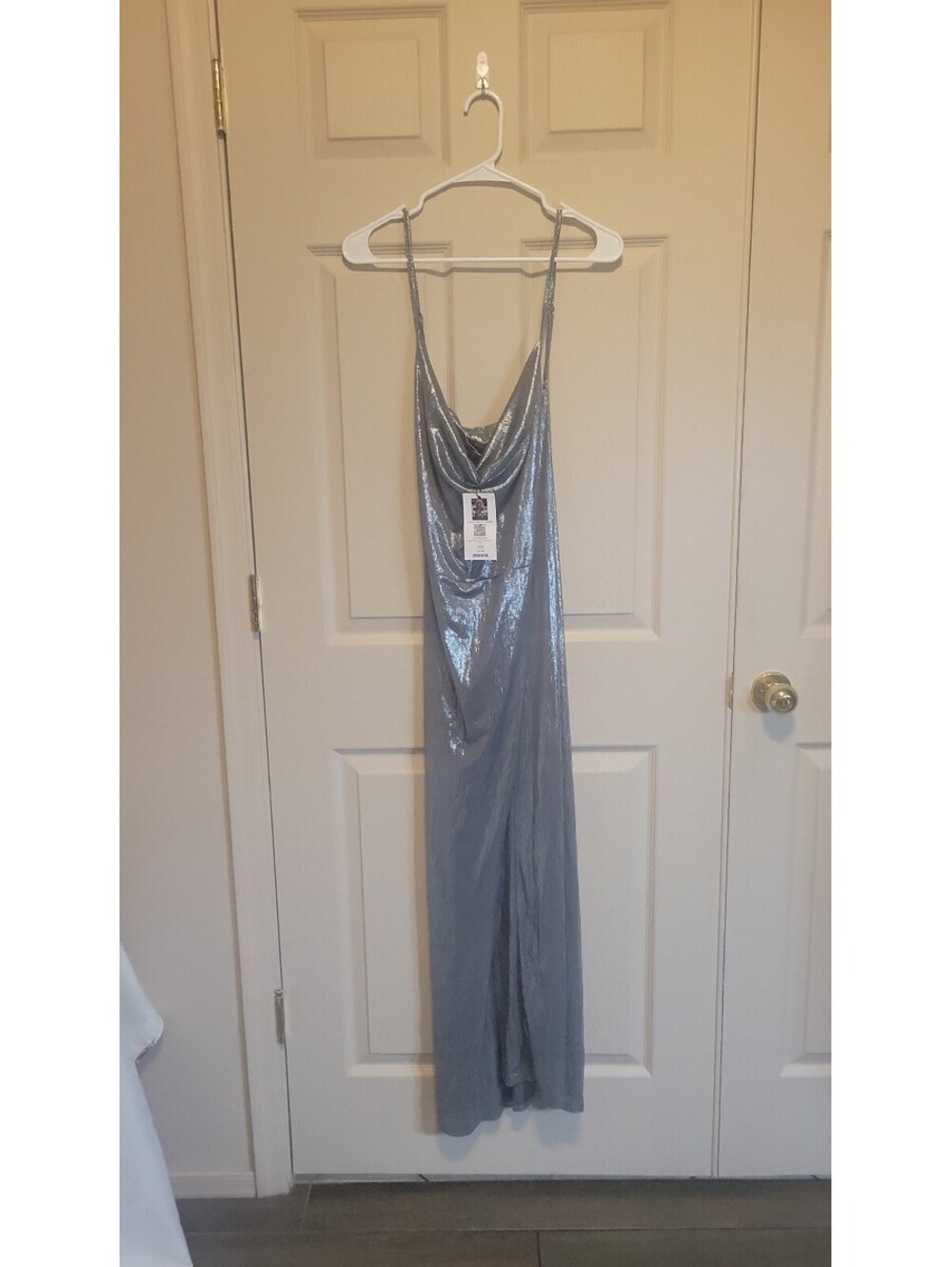 SHEIN Plus Size 4XL Silver Metallic Cami Dress with Draped Collar and High Split